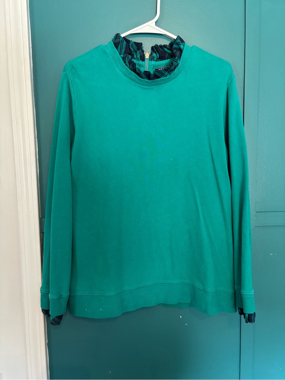 Izod Teal Crewneck Sweater with Ruffled Mock Collar and Cuffs SizeXL 100% Cotton